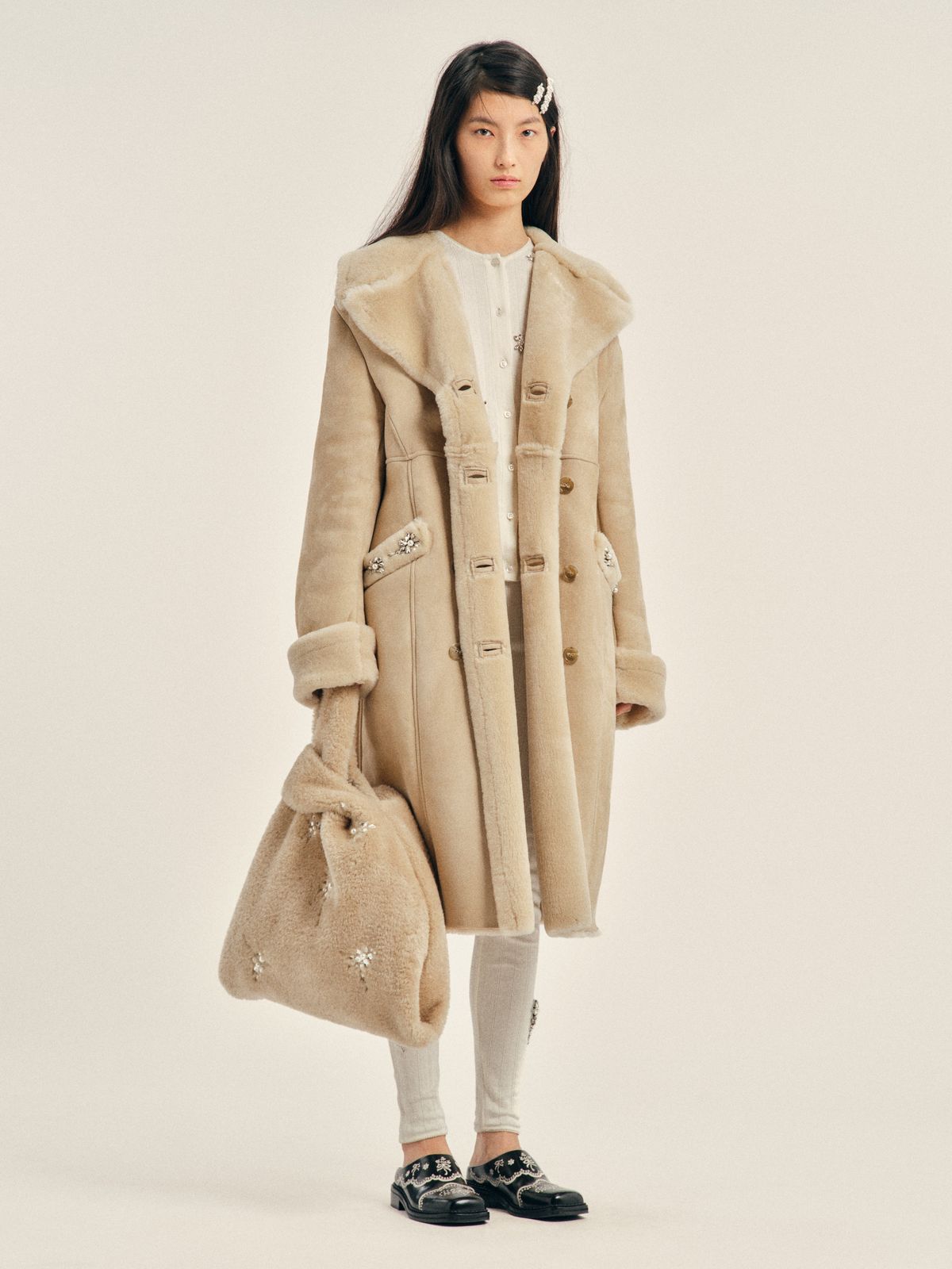 Embellished Double Breasted Sheepskin Slash Coat