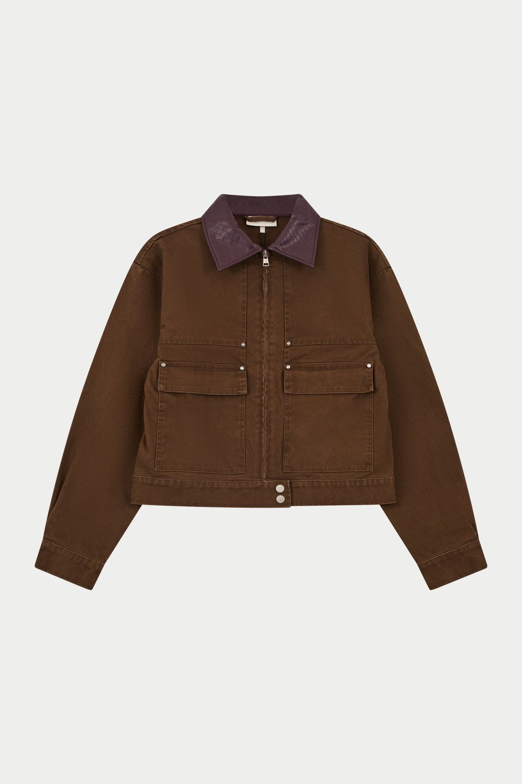 WASHED CONTRAST COLLAR TRUCKER JACKET - CHOCOLATE