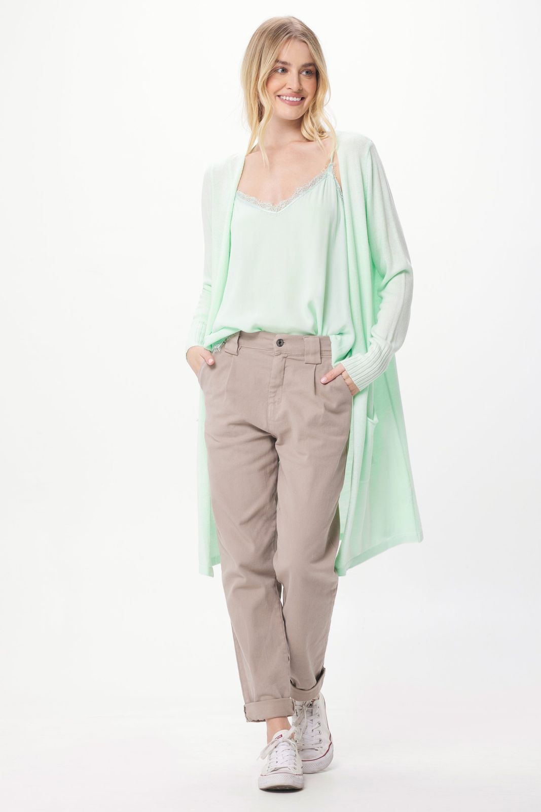 Flower Modal Knit Long Cardi With Fringing