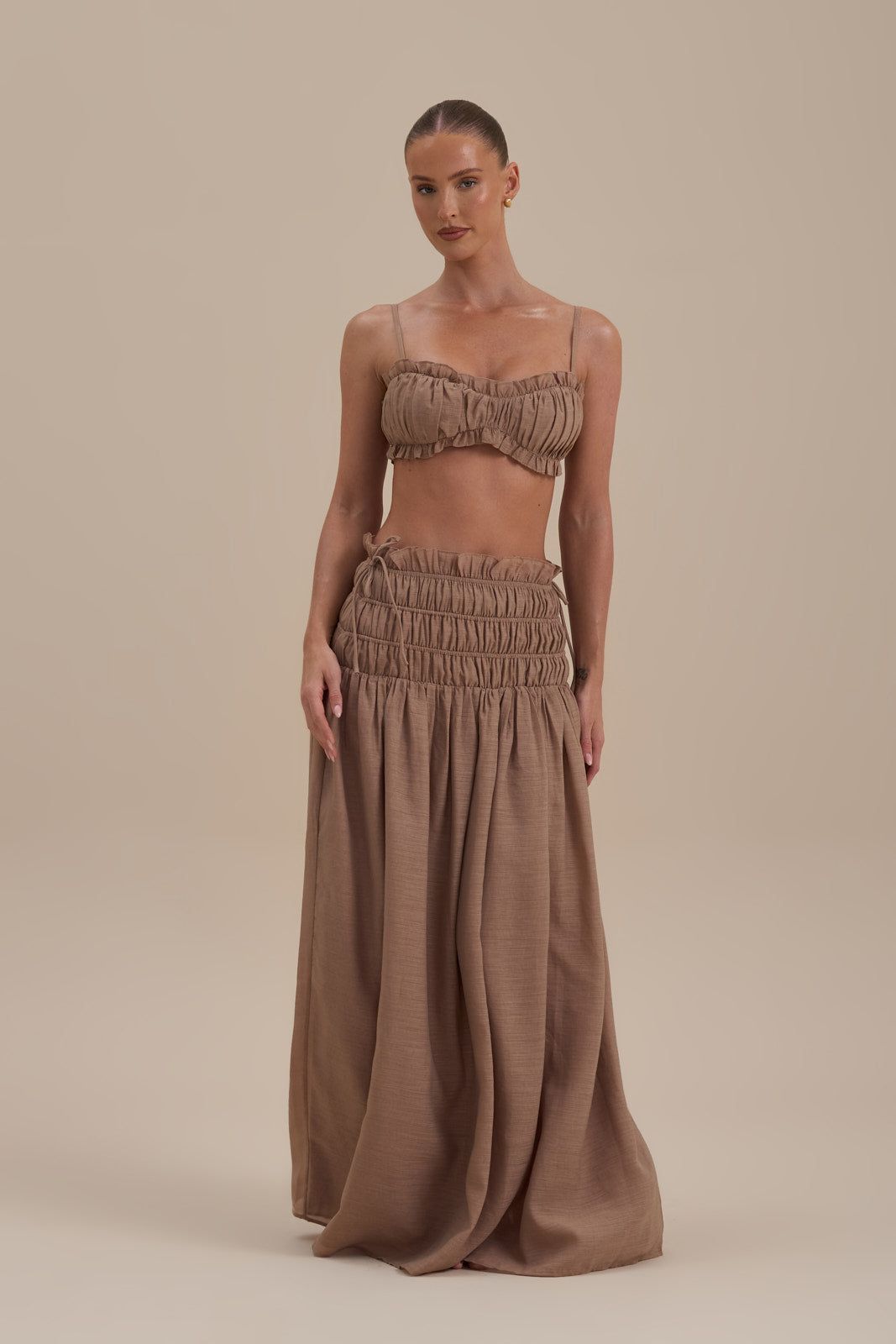 SOULIE SHIRRED WAIST MAXI SKIRT | MOCHA MOUSSE