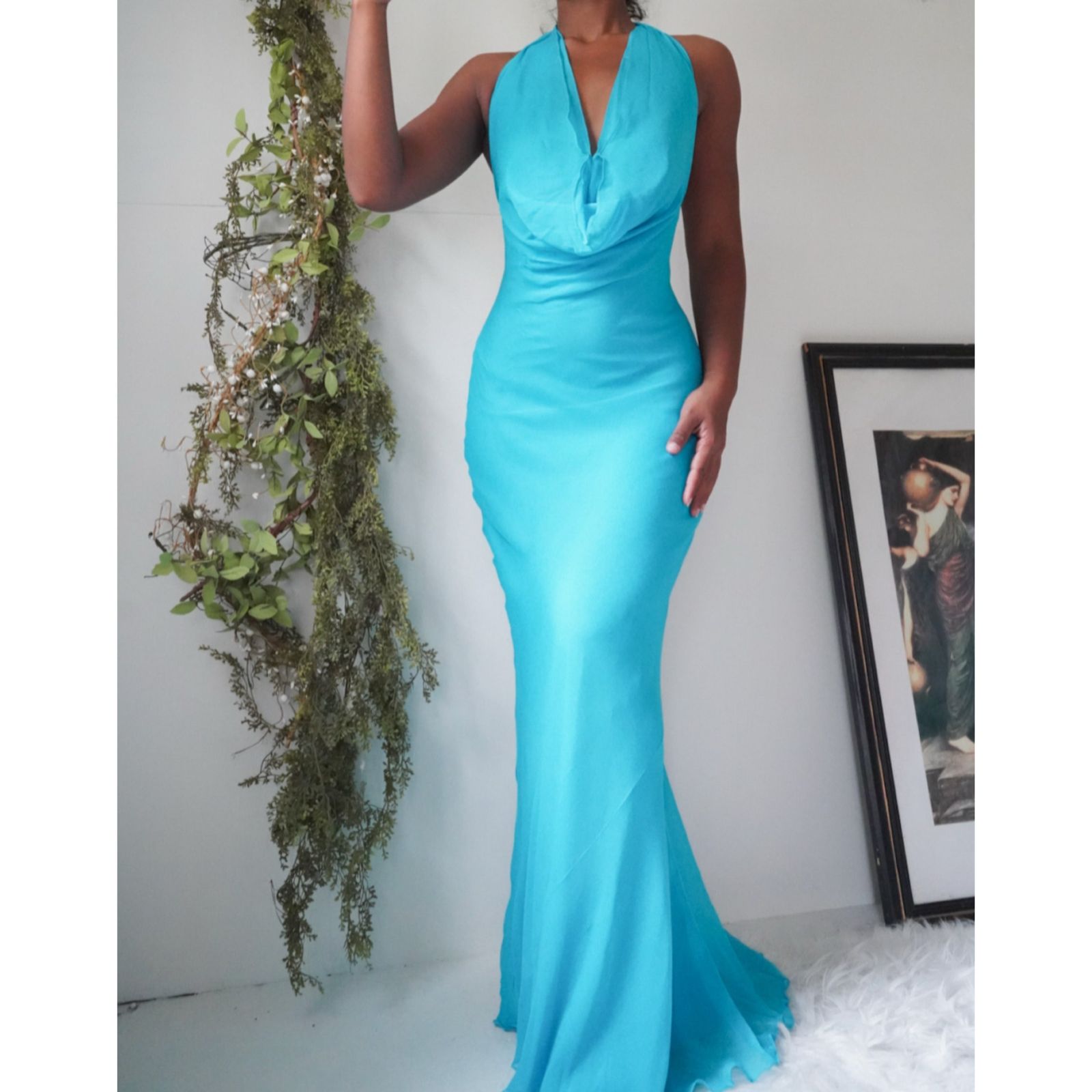 Blue Halter Cowl Neck Silk Gown