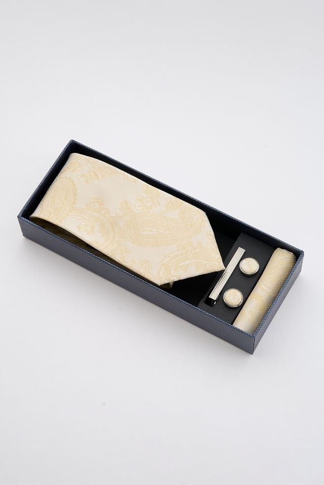 Champagne Paisley Tie Set with Tie Bar & Cufflinks