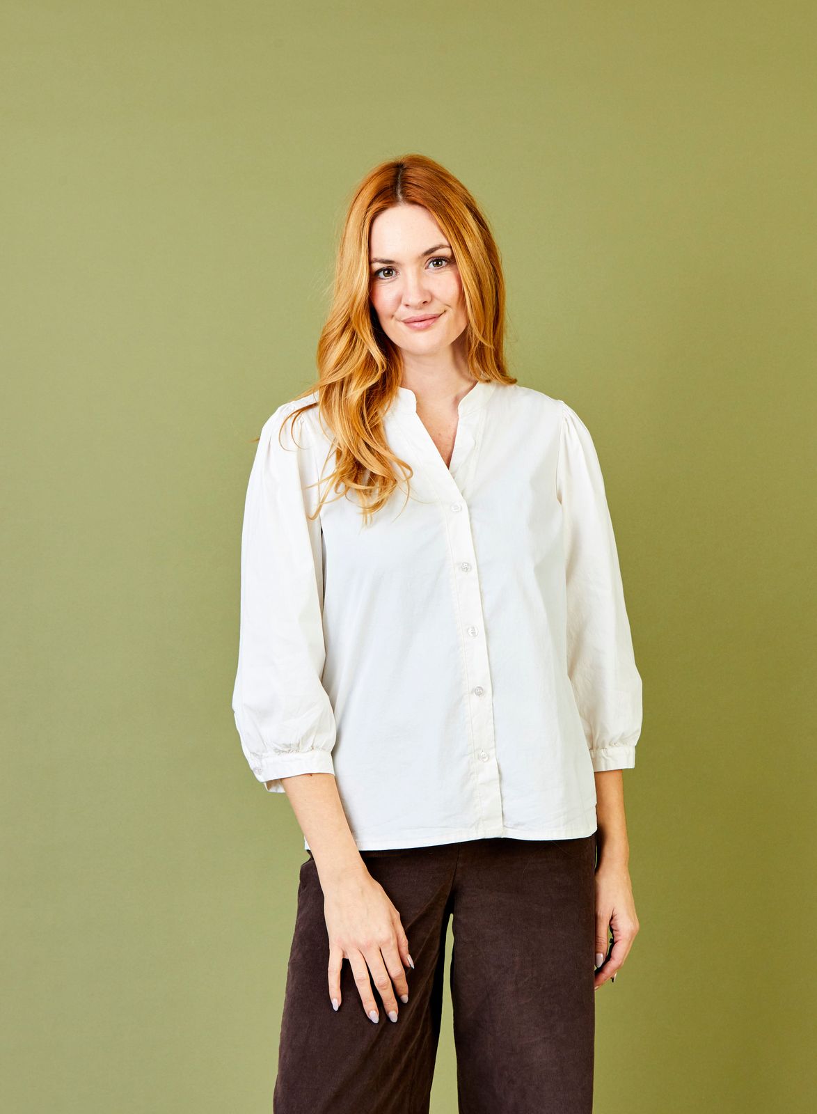 Esme Stretch Cotton V-Neck Puff Sleeve Shirt