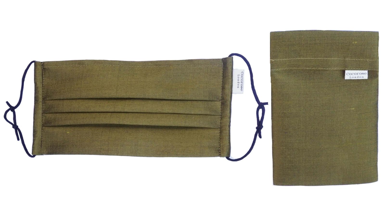 Pleated Silk Face Mask with Nose Wire and Matching Pouch - Khaki Green