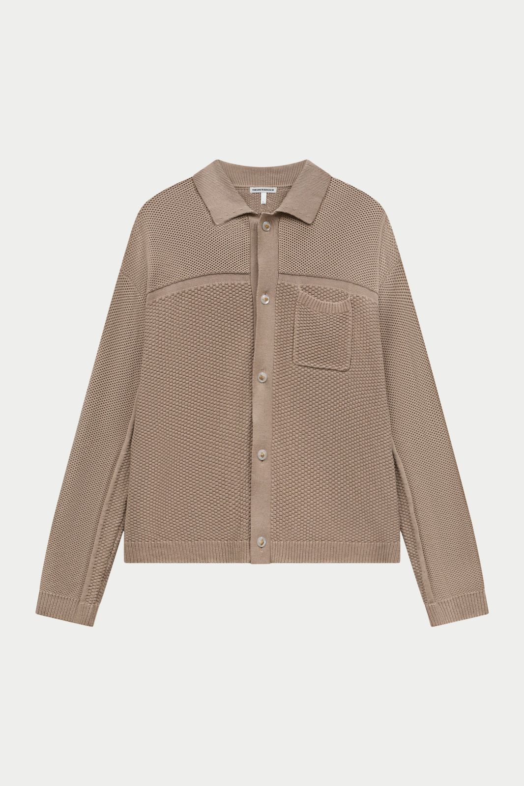 CONTRAST KNIT CROCHET LONG SLEEVE SHIRT - BROWN
