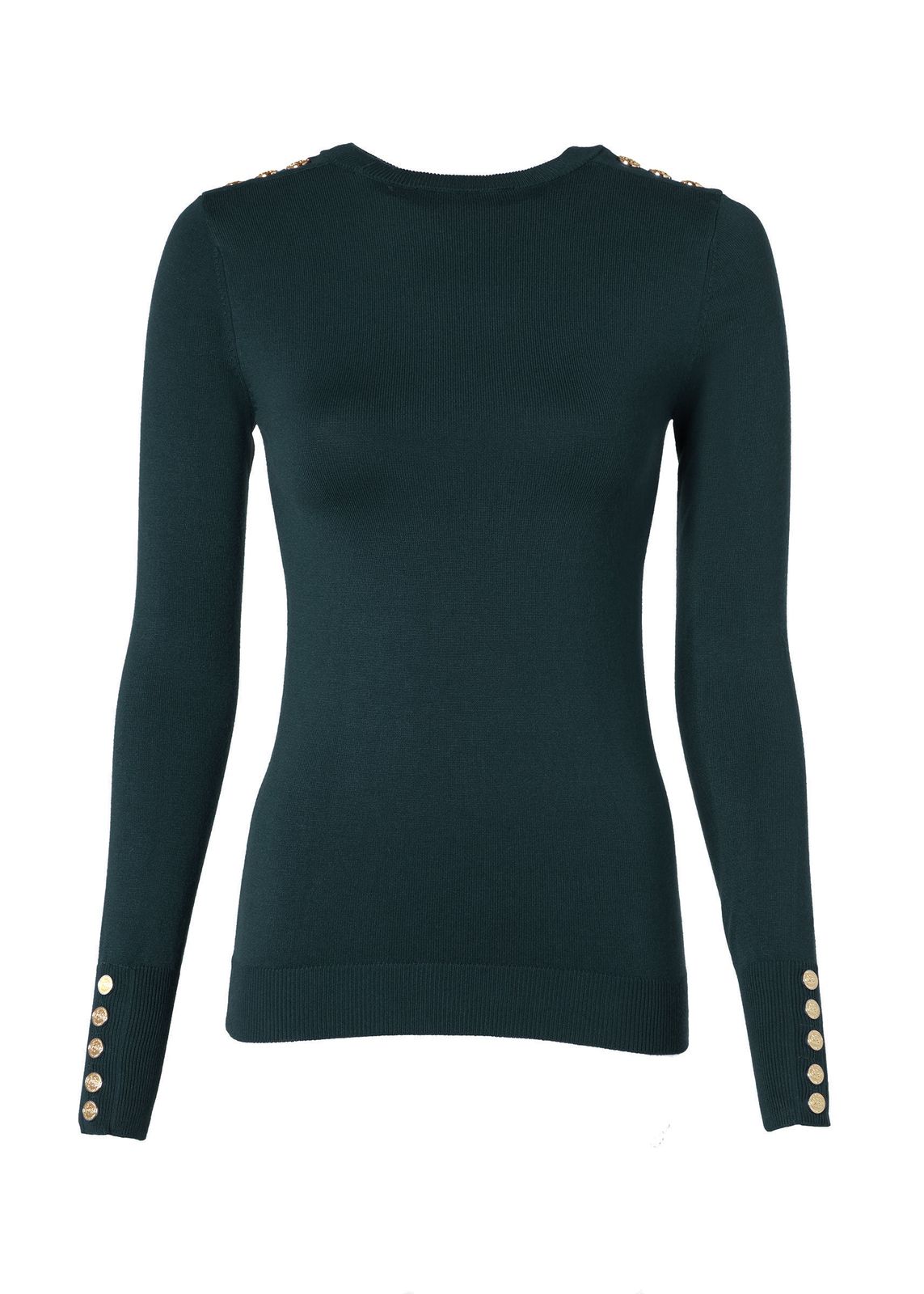 Buttoned Knit Crew Neck (deep Emerald)
