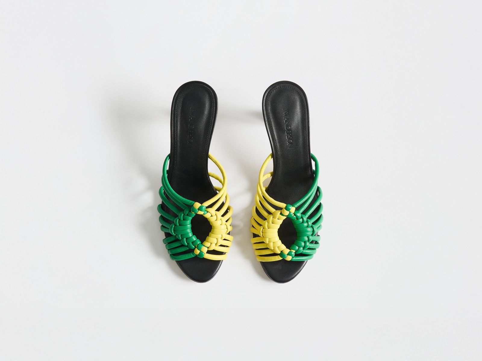 WOMENS WOVEN HEELED LEATHER PLOT SANDAL IN BRIGHT GREEN & YELLOW
