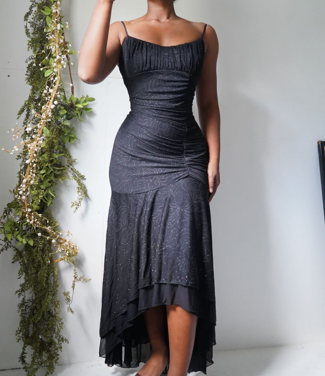 Y2K Black Sparkle Milkmaid High Low Dress