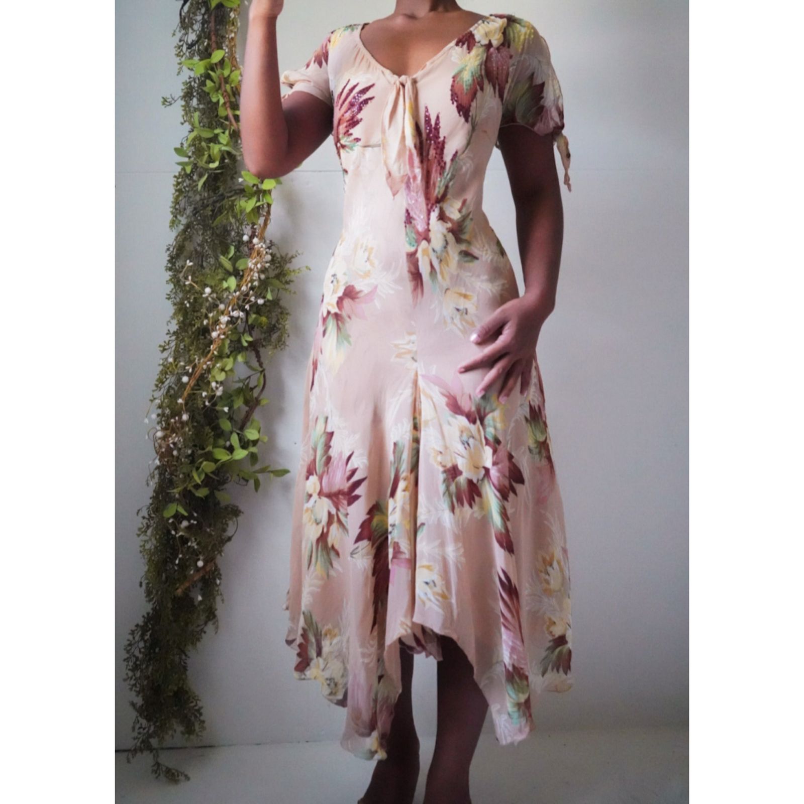 90’s Blush Romantic Floral Beaded Midi Dress