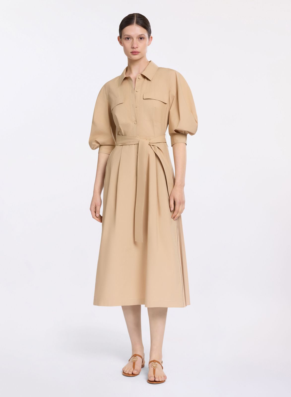 Pleated Cotton Midi Dress