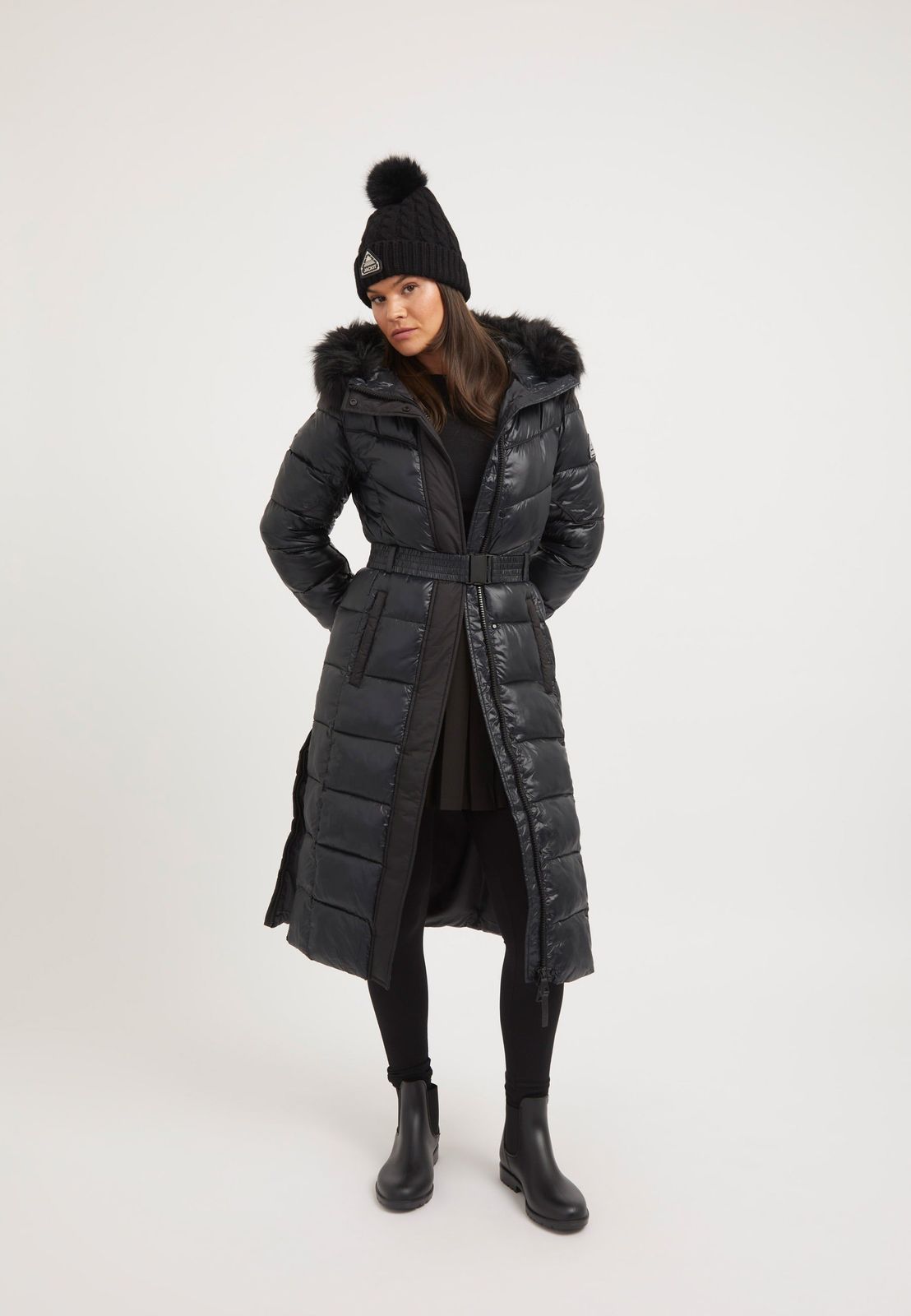 Diamond Belted Ex-long Coat Black