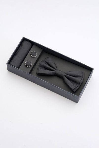 Classic Black Bow Tie Set with Pocket Square &amp; Cufflinks