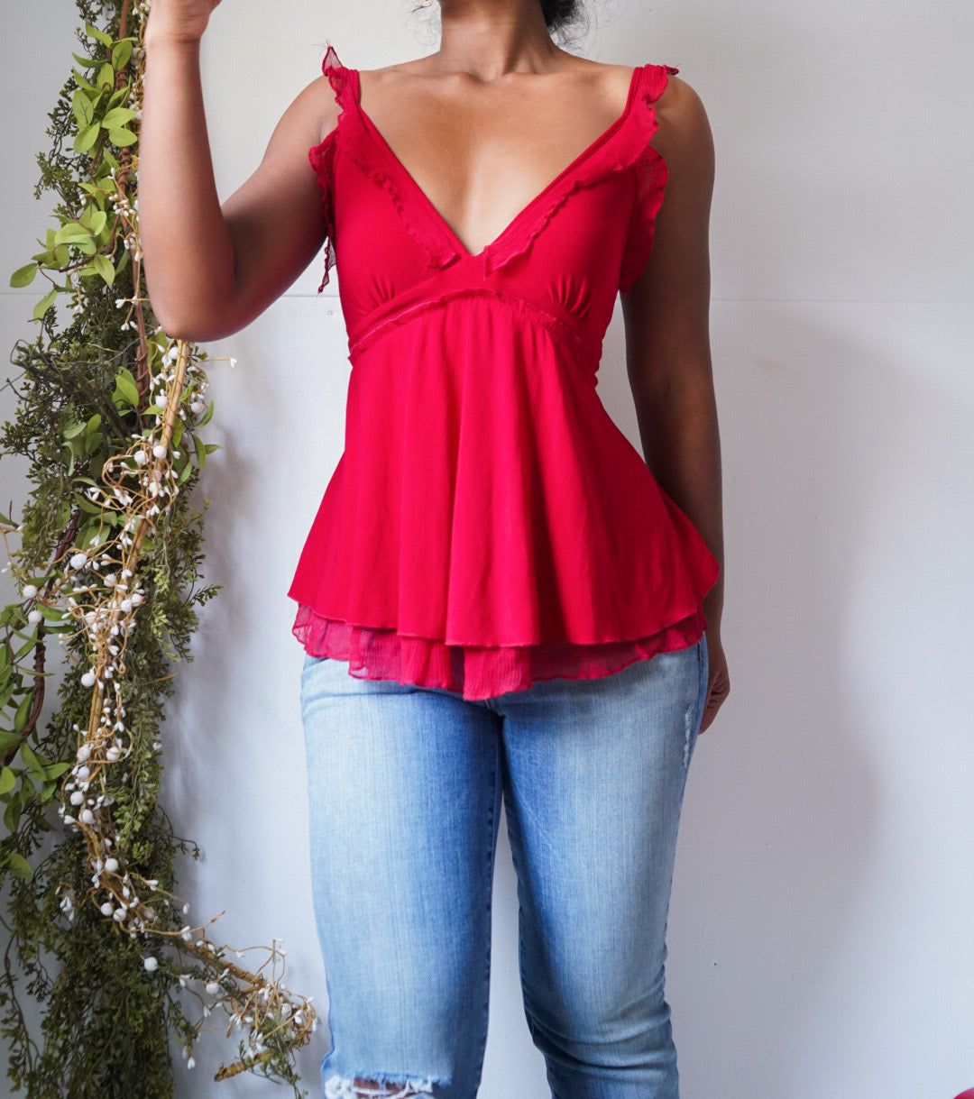Y2K Red Silk Knit Fairy Babydoll Top