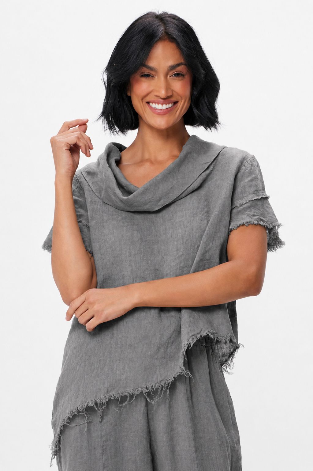 Sola Linen Cowl Neck Fringed Asymetric Top