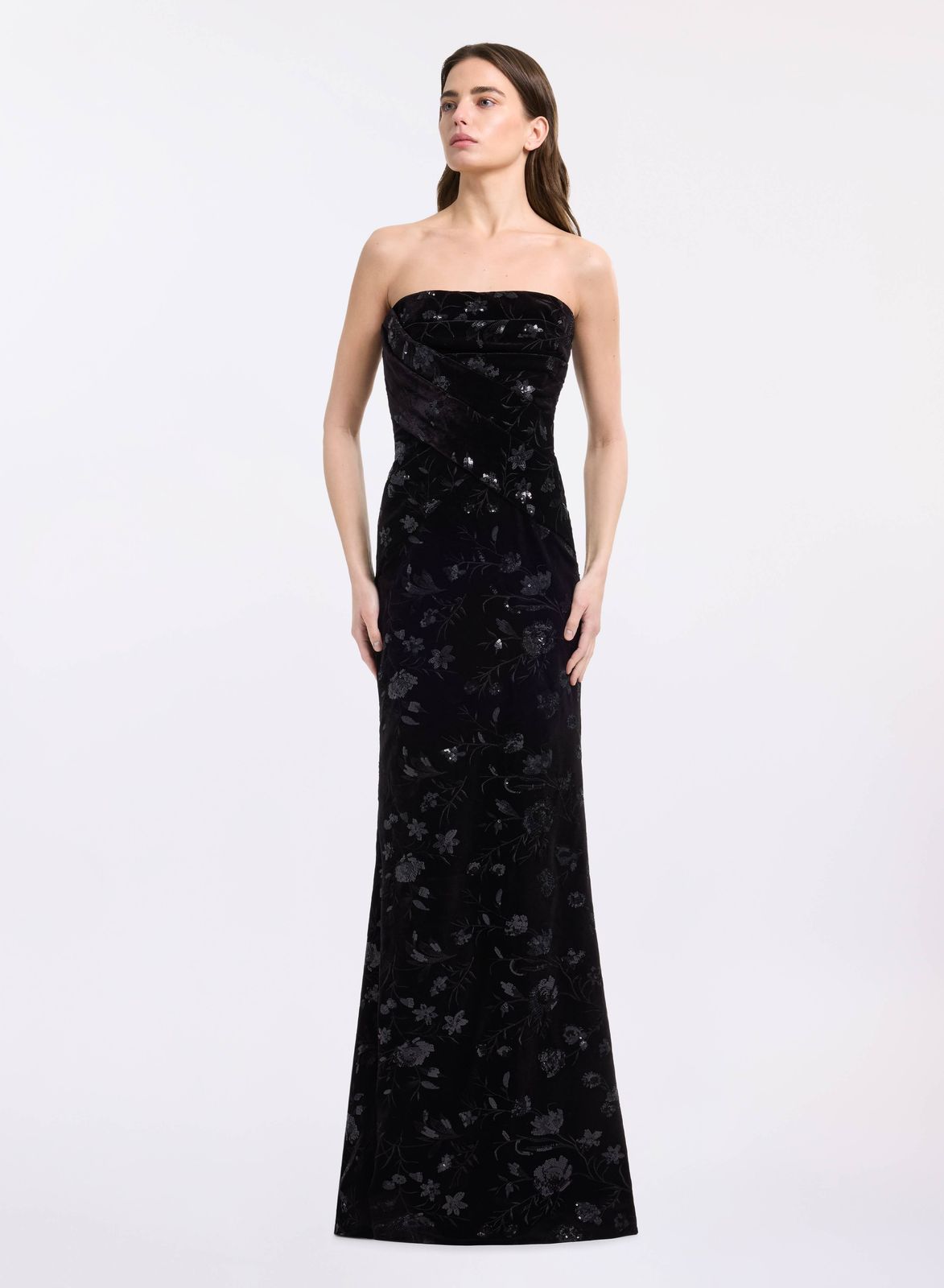 Strapless Embroidered Velvet Dress