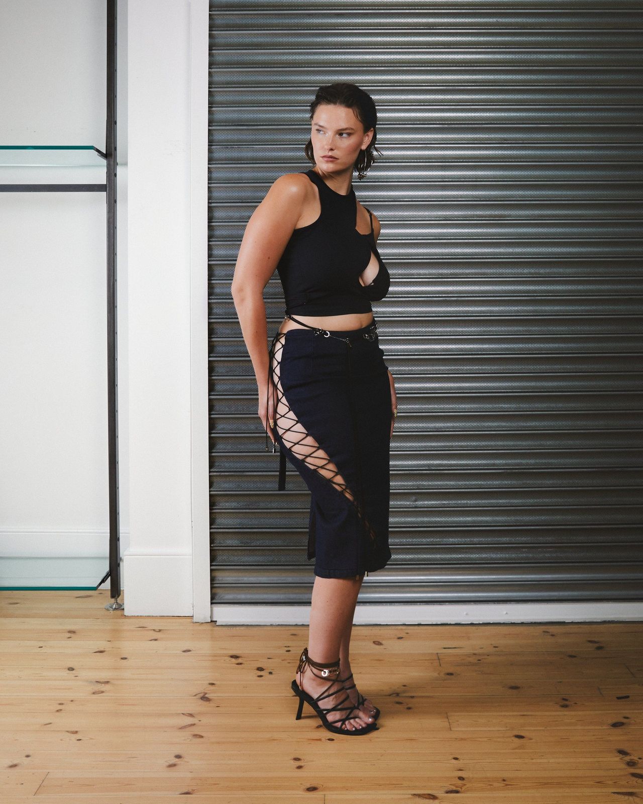 Lace-up Denim Midi Skirt