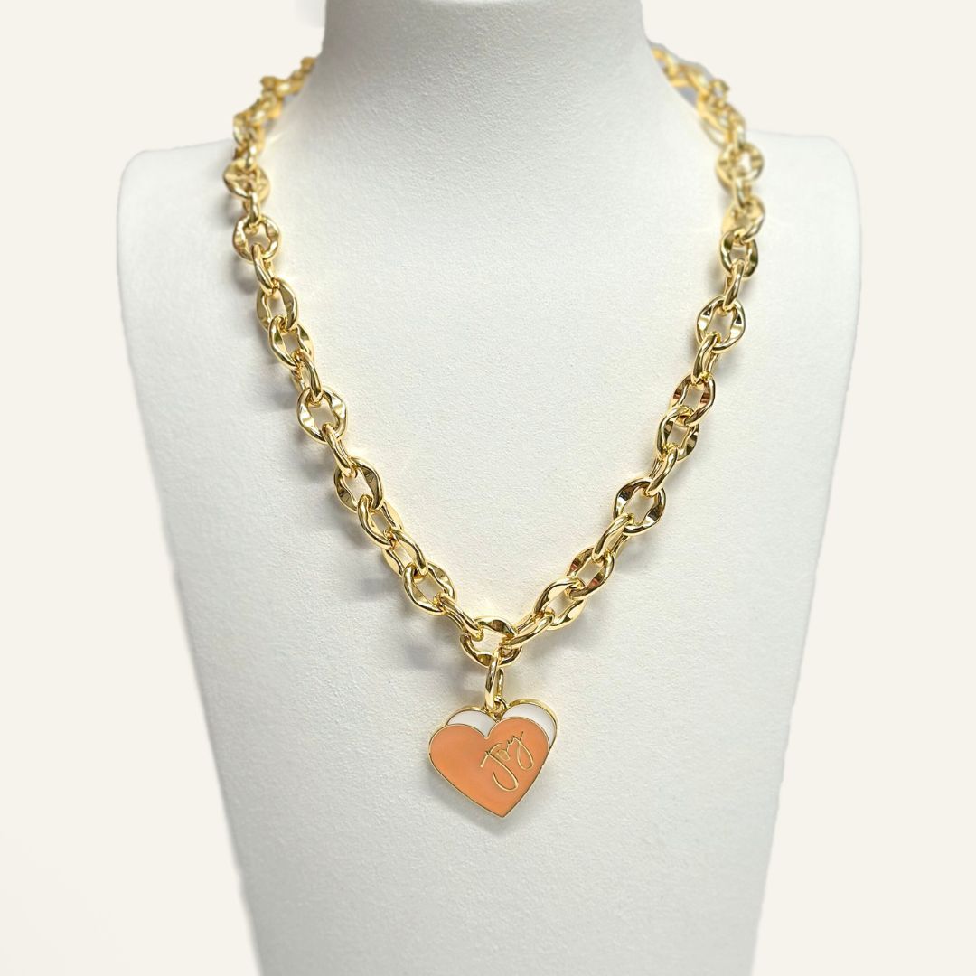 Padlock Chain Necklace | Coral Heart with Gold hardware
