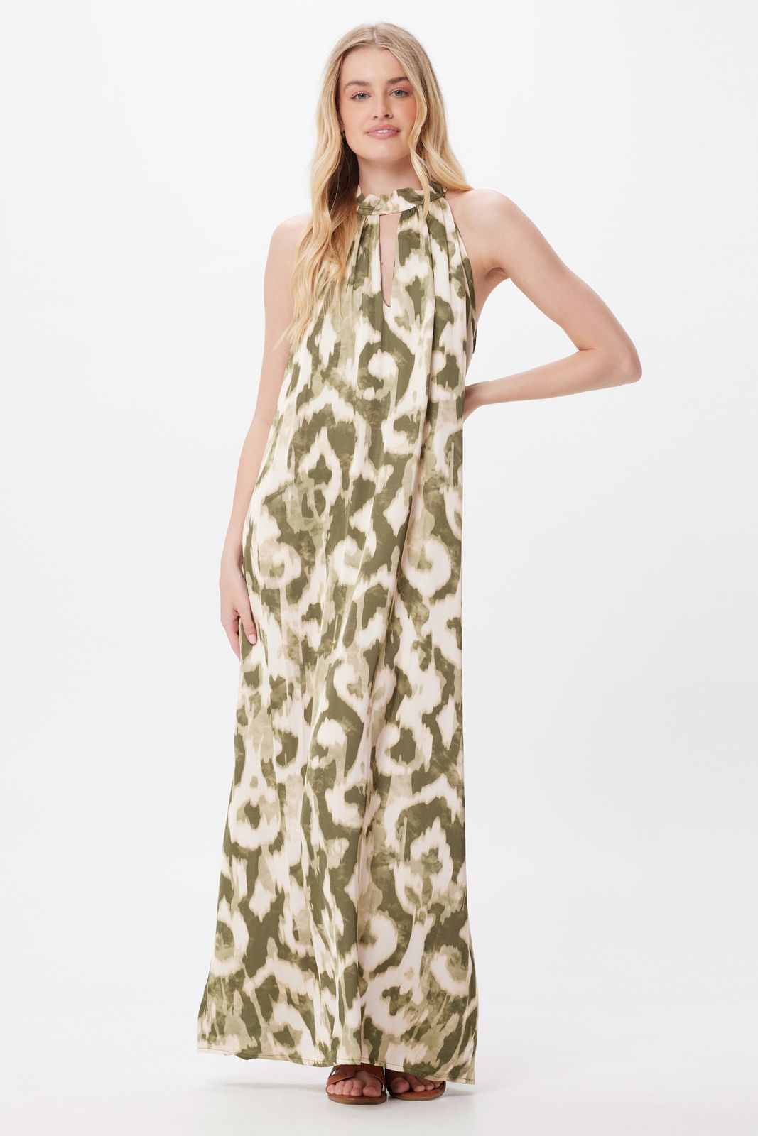 Genever Satin Print Halter Neck Maxi Dress