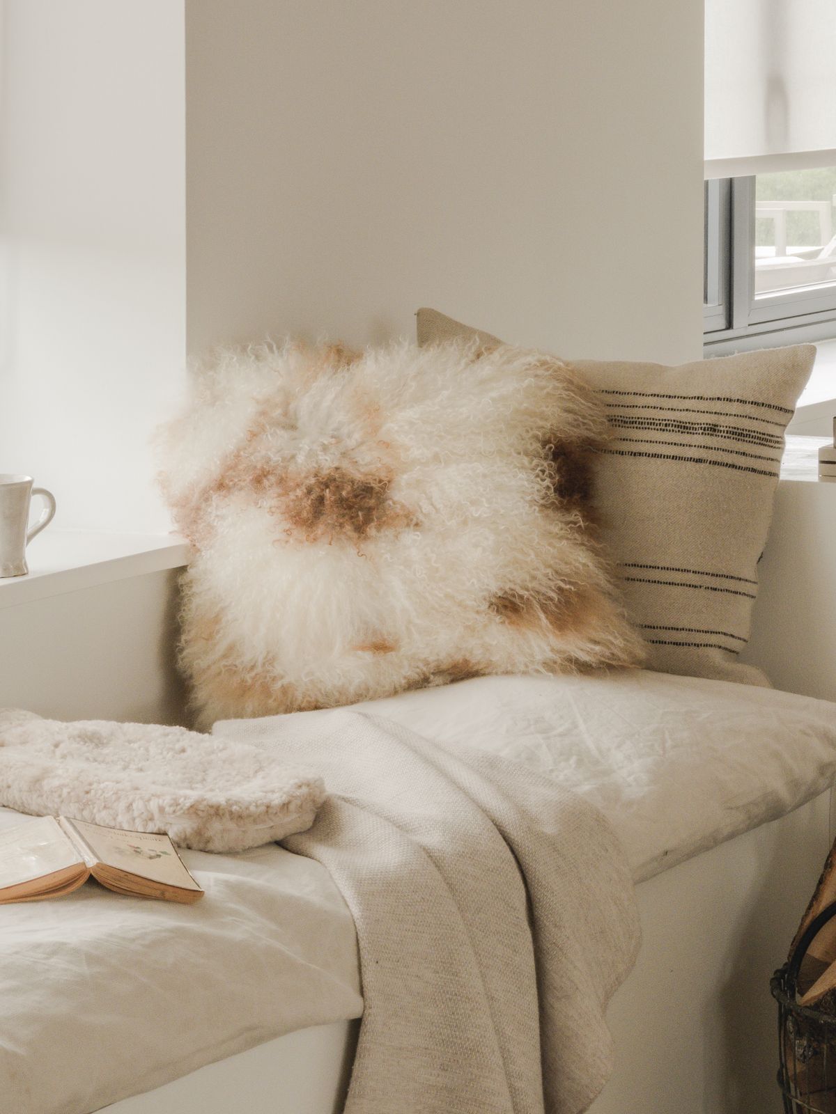 Tibetan Sheepskin Cushion - White & Brown