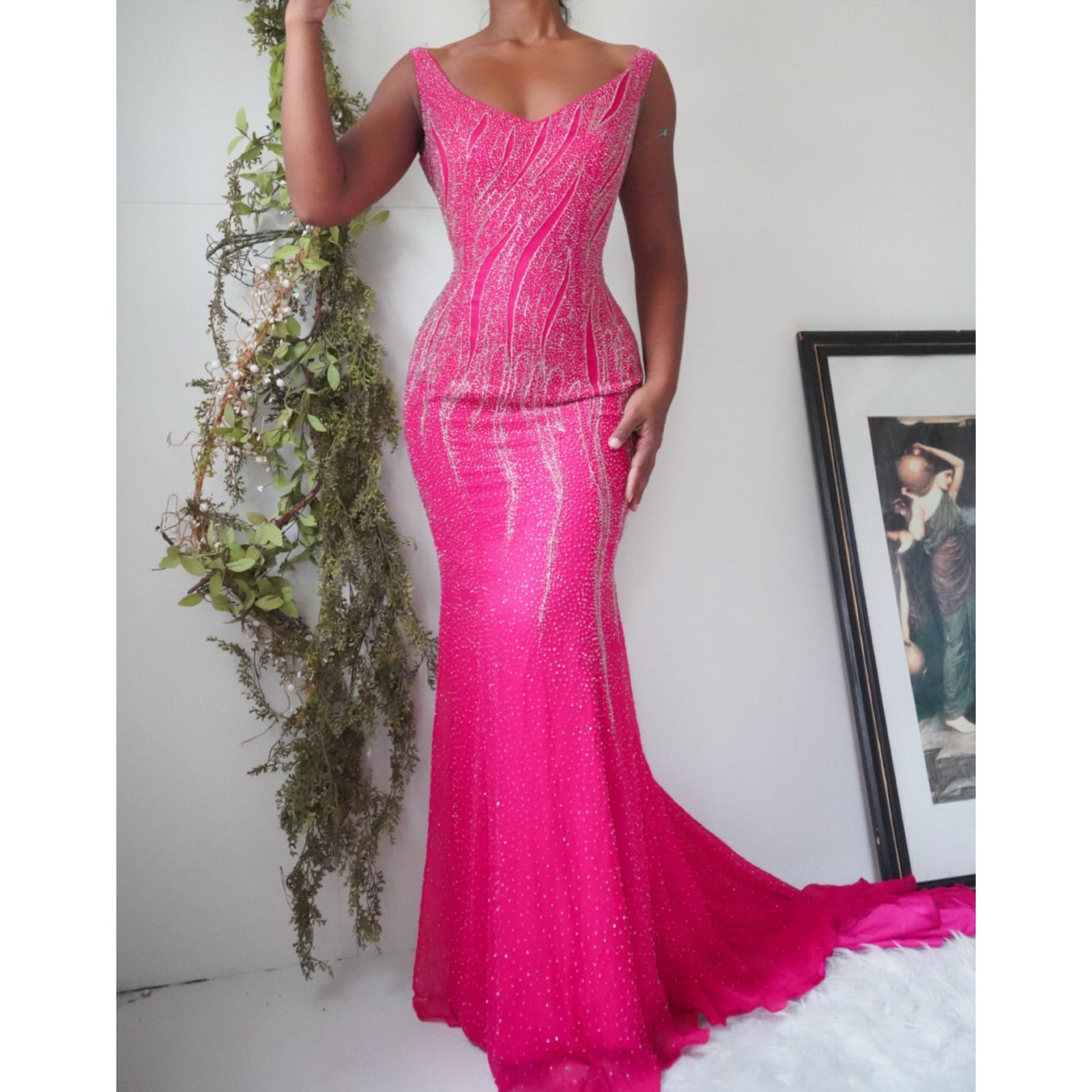 Bright Pink Silk Beaded Gown