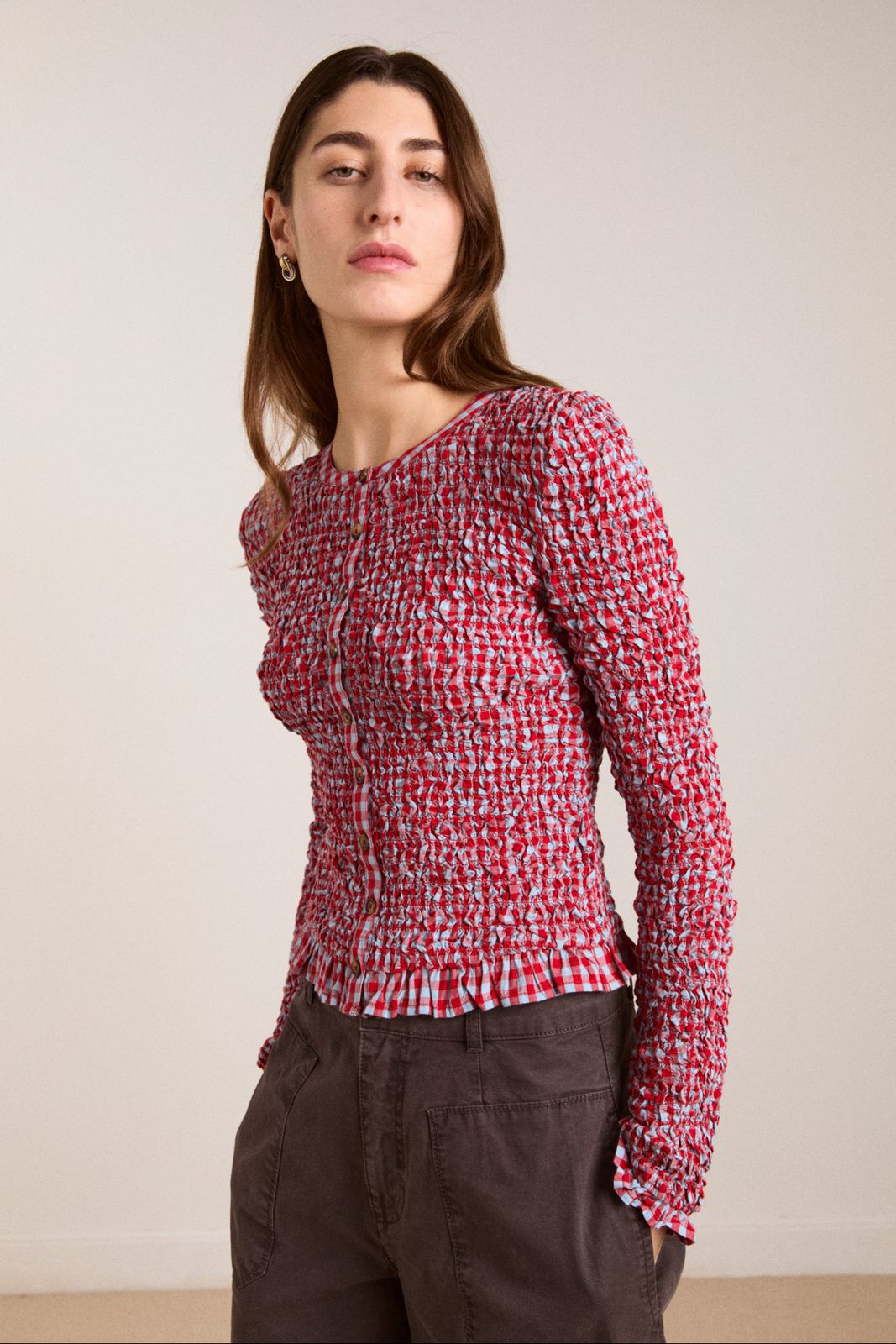 Elliana Smocked Cardi - Blue & Red Gingham