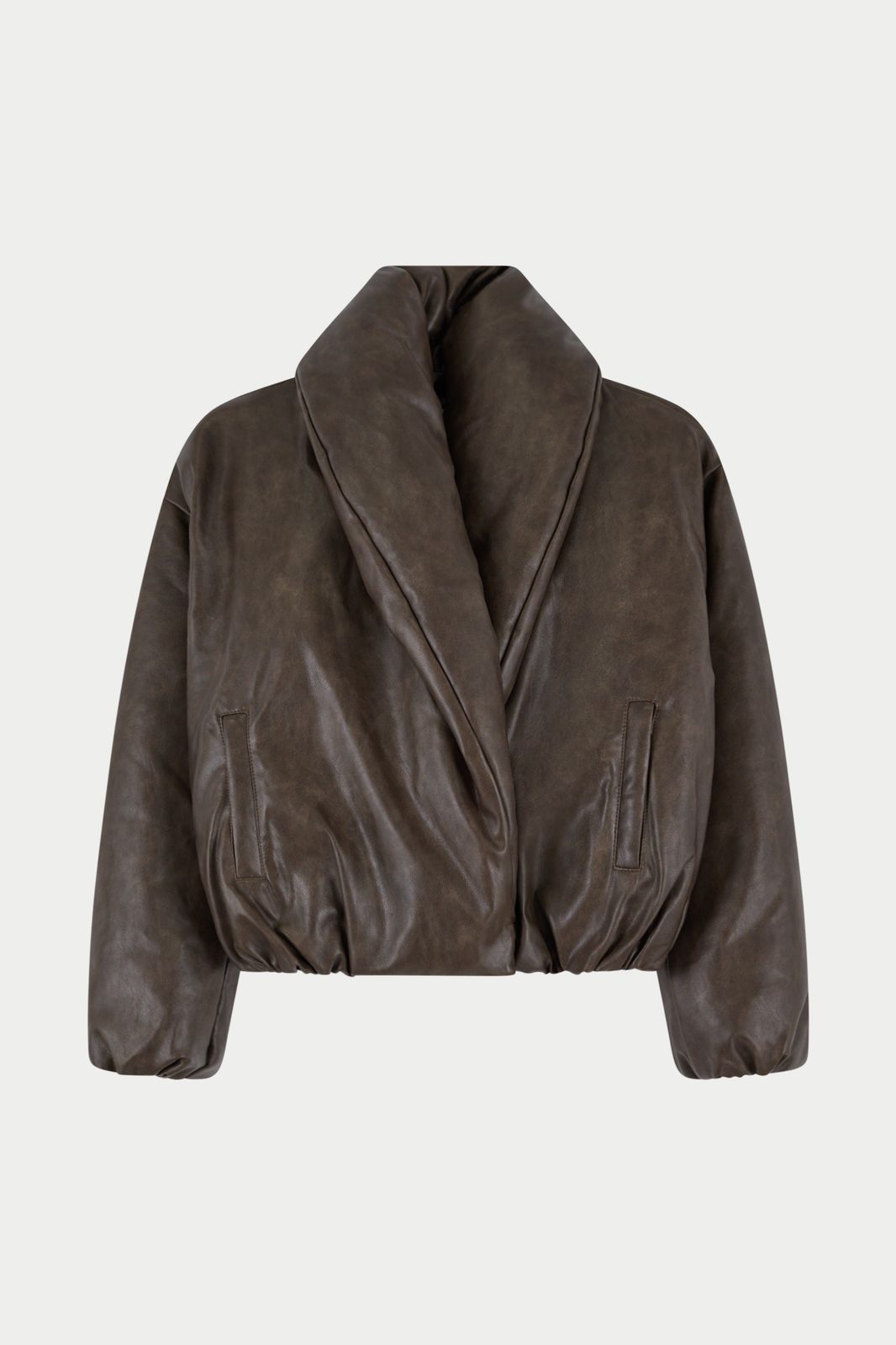 OVERSIZED COLLAR DISTRESSED FAUX LEATHER PUFFER COAT - BROWN