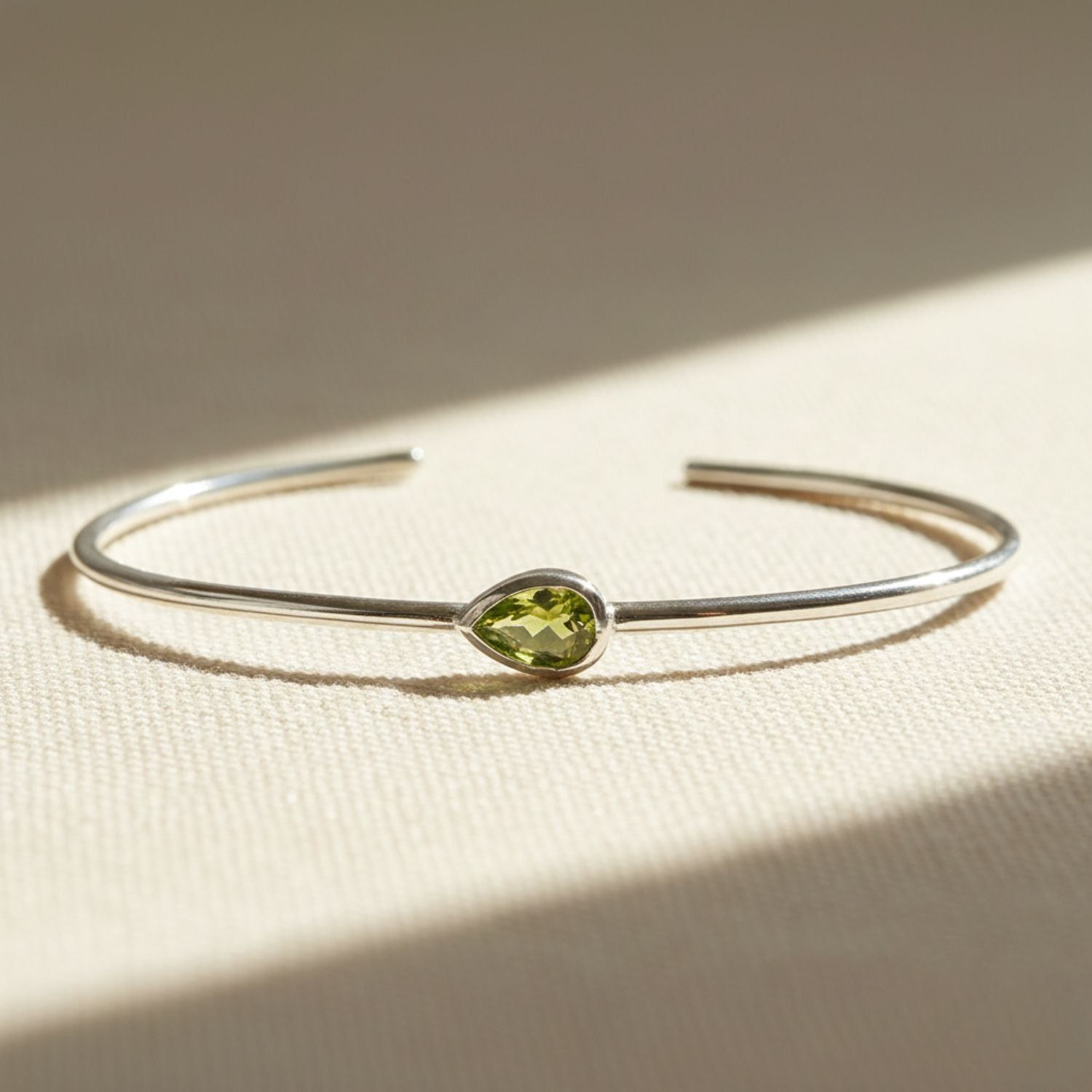 Minimalist Sterling Silver Peridot August Birthstone Bangle Bracelet