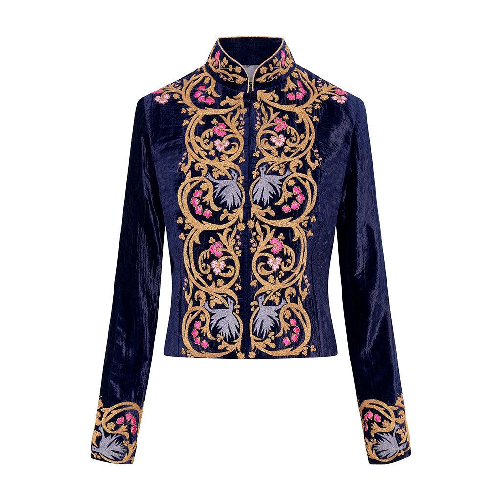 Navy Embroidered Velvet Valerie Cropped Jacket