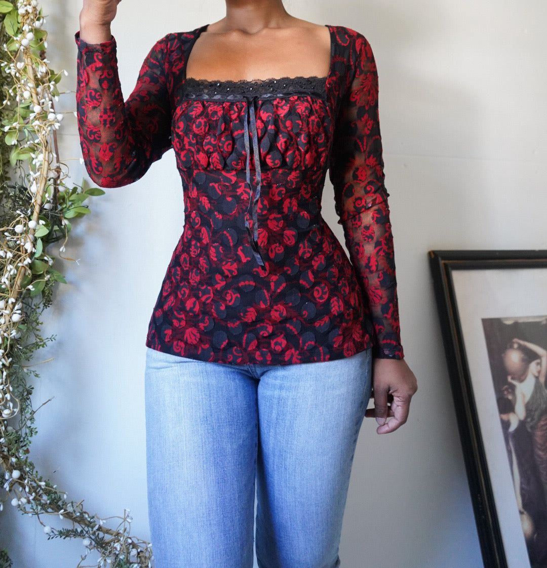 Vintage Y2K Goth Milkmaid Long Sleeve Lace Top