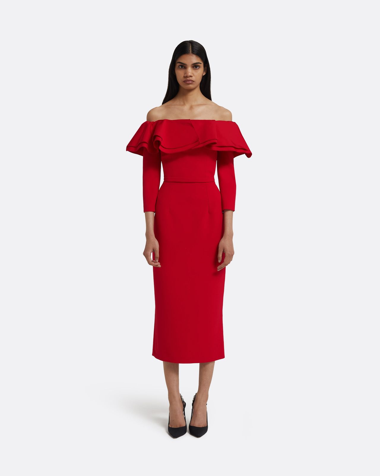 Dorian Midi Dress in Lacquer Red on Crimson