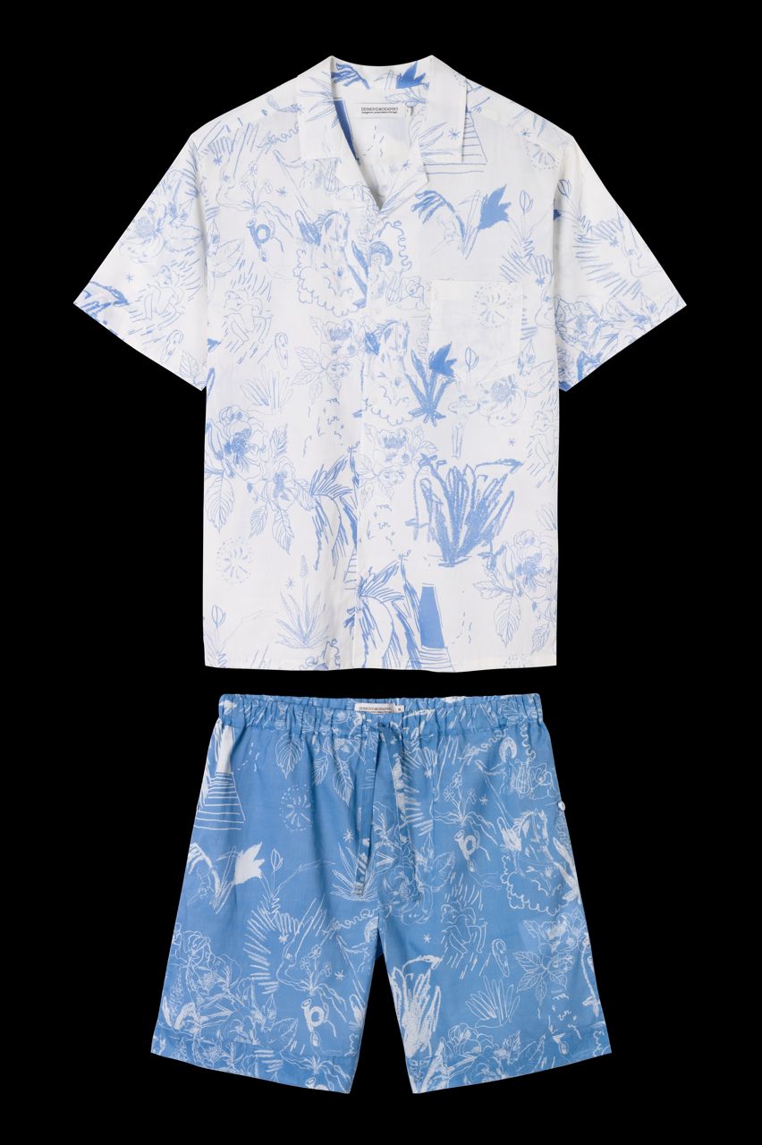 Men’s Cuban Pyjama Set Temple Del Sol Cream/blue