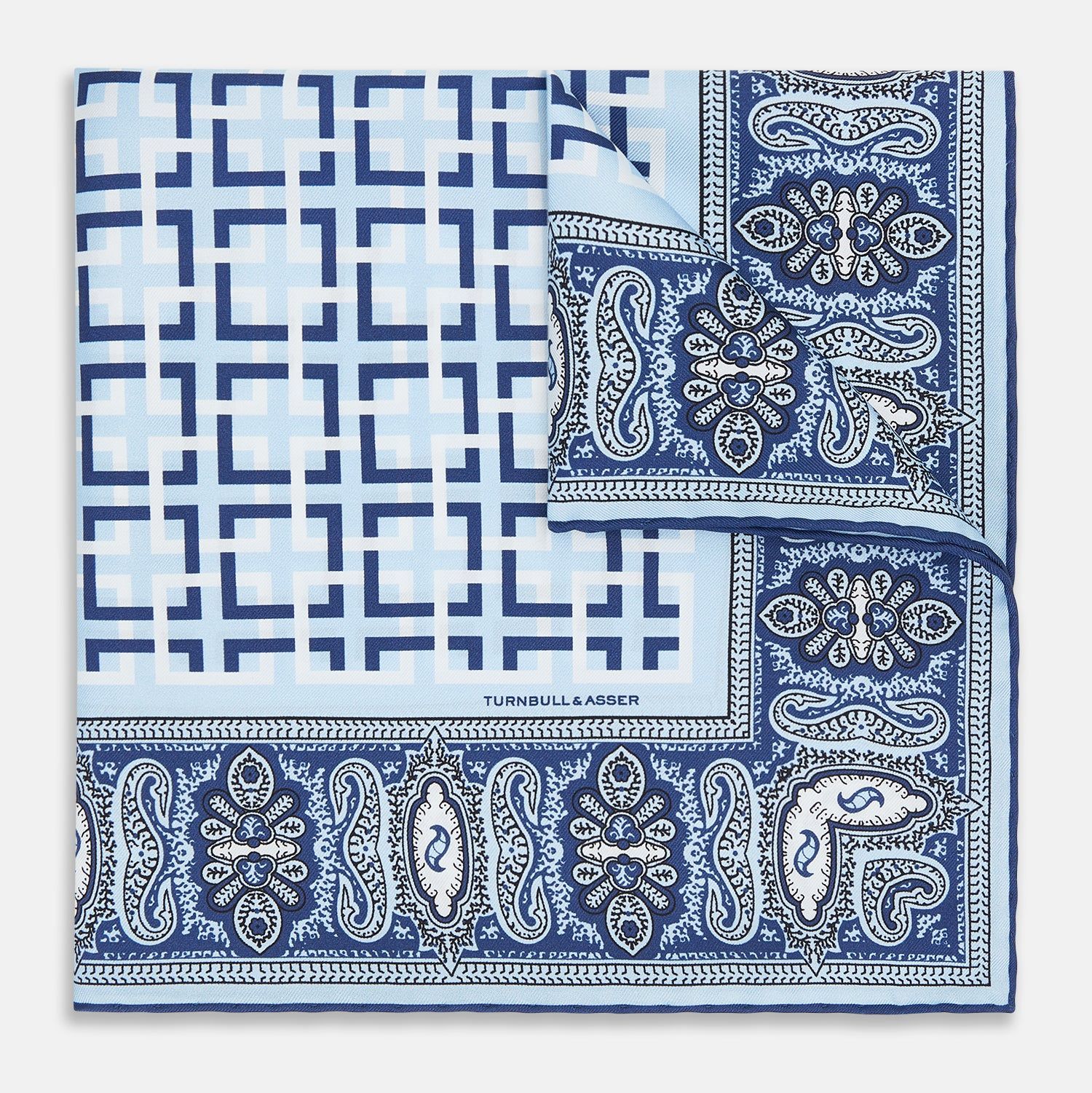 Blue Square-Patterned and Paisley Patterned Silk Pocket Square