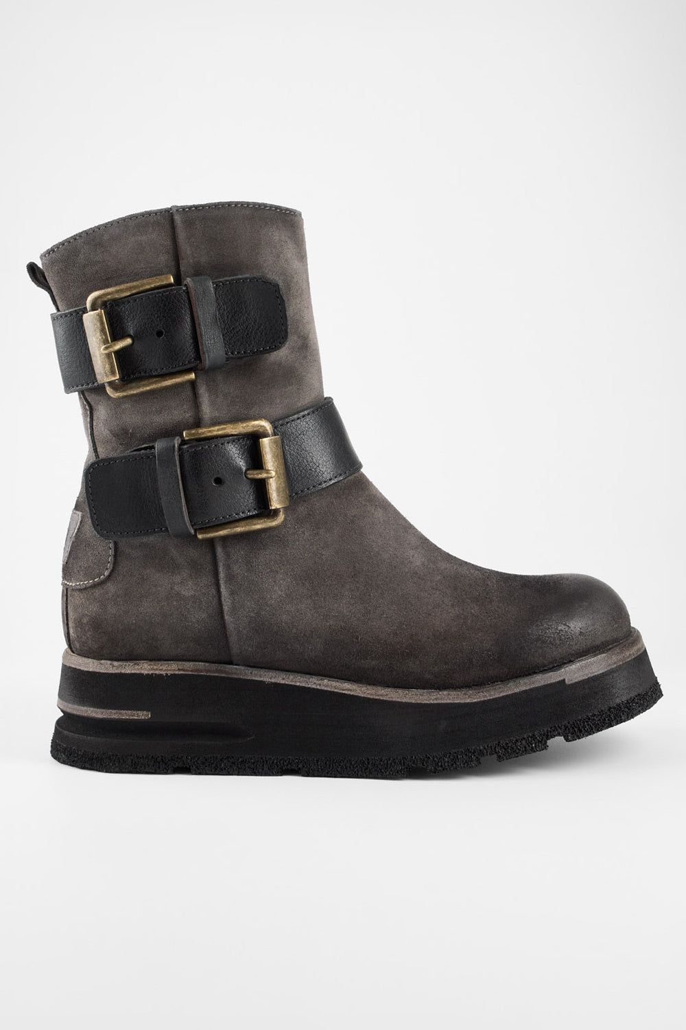 HARLEY fossil-grey suede buckle bikers.