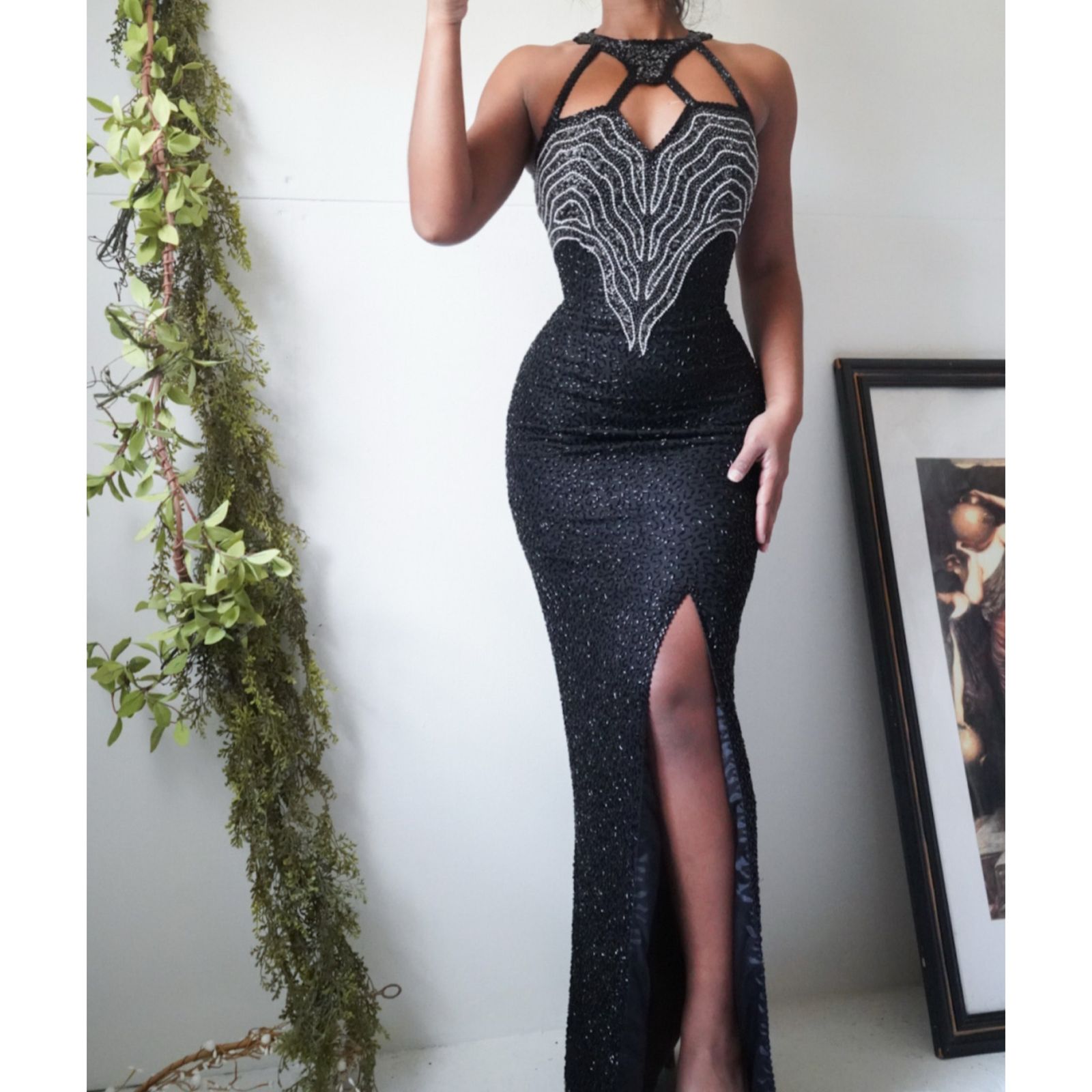 90’s Fully Beaded Black Silk Gown