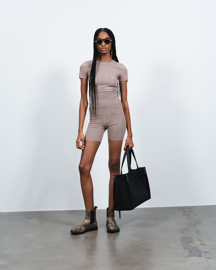 WOMENS KNITTED POINTELLE T-SHIRT IN TAUPE
