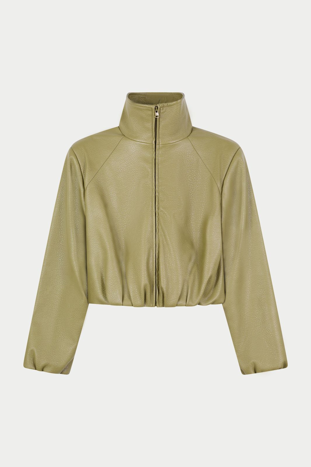 FUNNEL NECK BALLOON HEM FAUX LEATHER JACKET - OLIVE