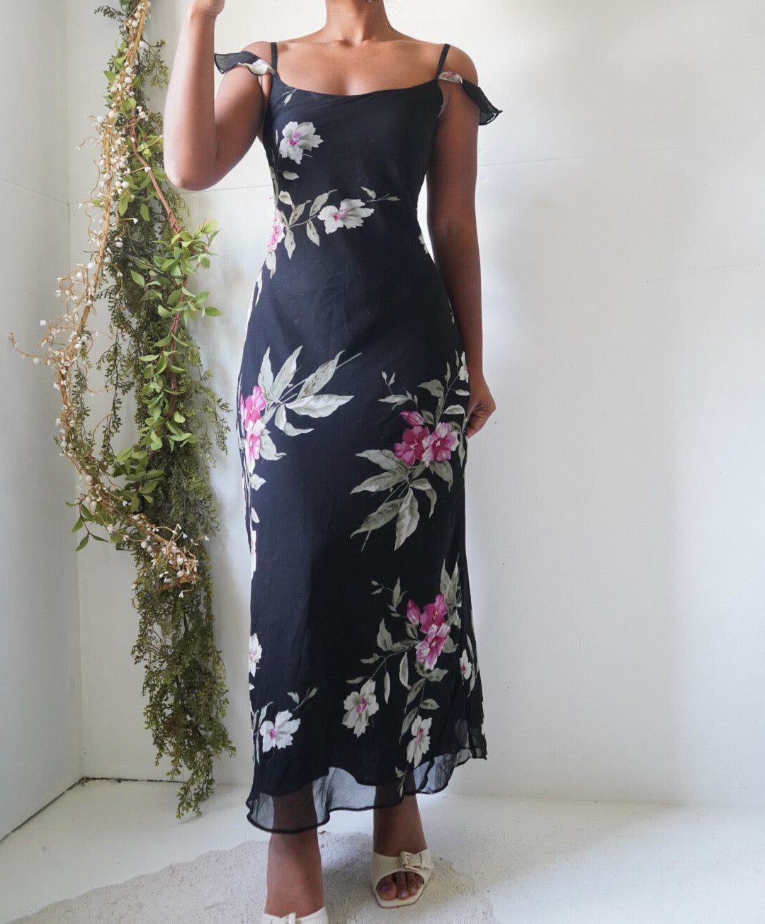 Y2K Black Floral Flutter Sleeve Dress
