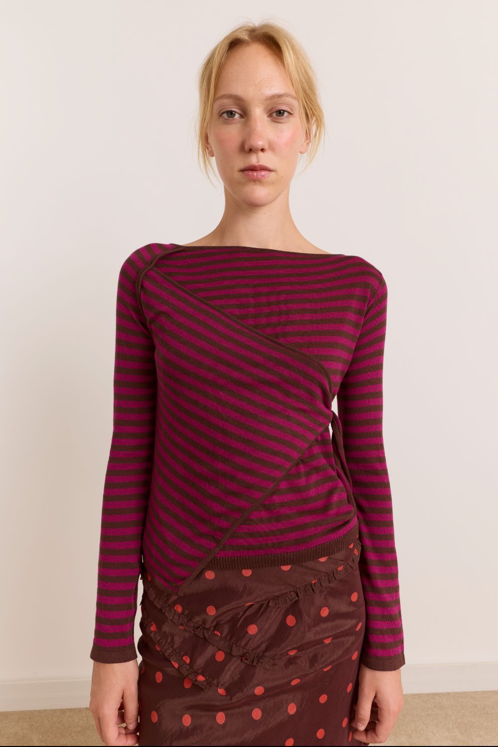 Hannie Wrap Tie Knitted Top - Pink Stripe