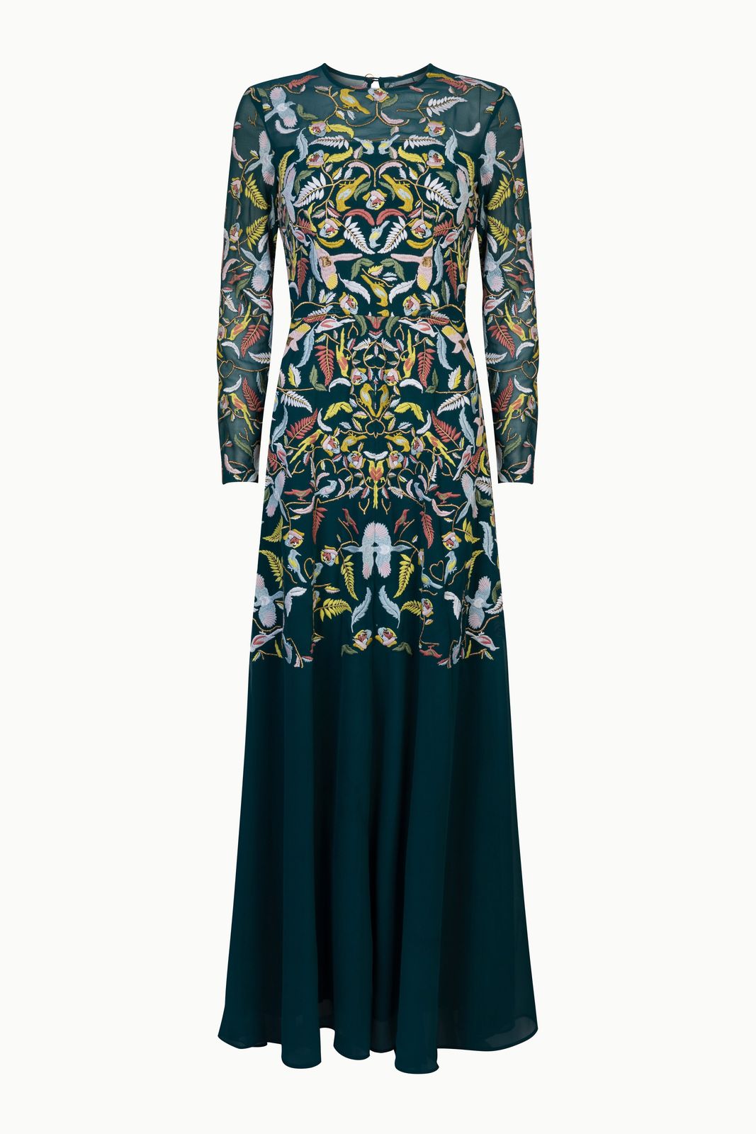 Andi Embroidered Chiffon Maxi Dress - Fully Embroidered Sheer Dress in Teal