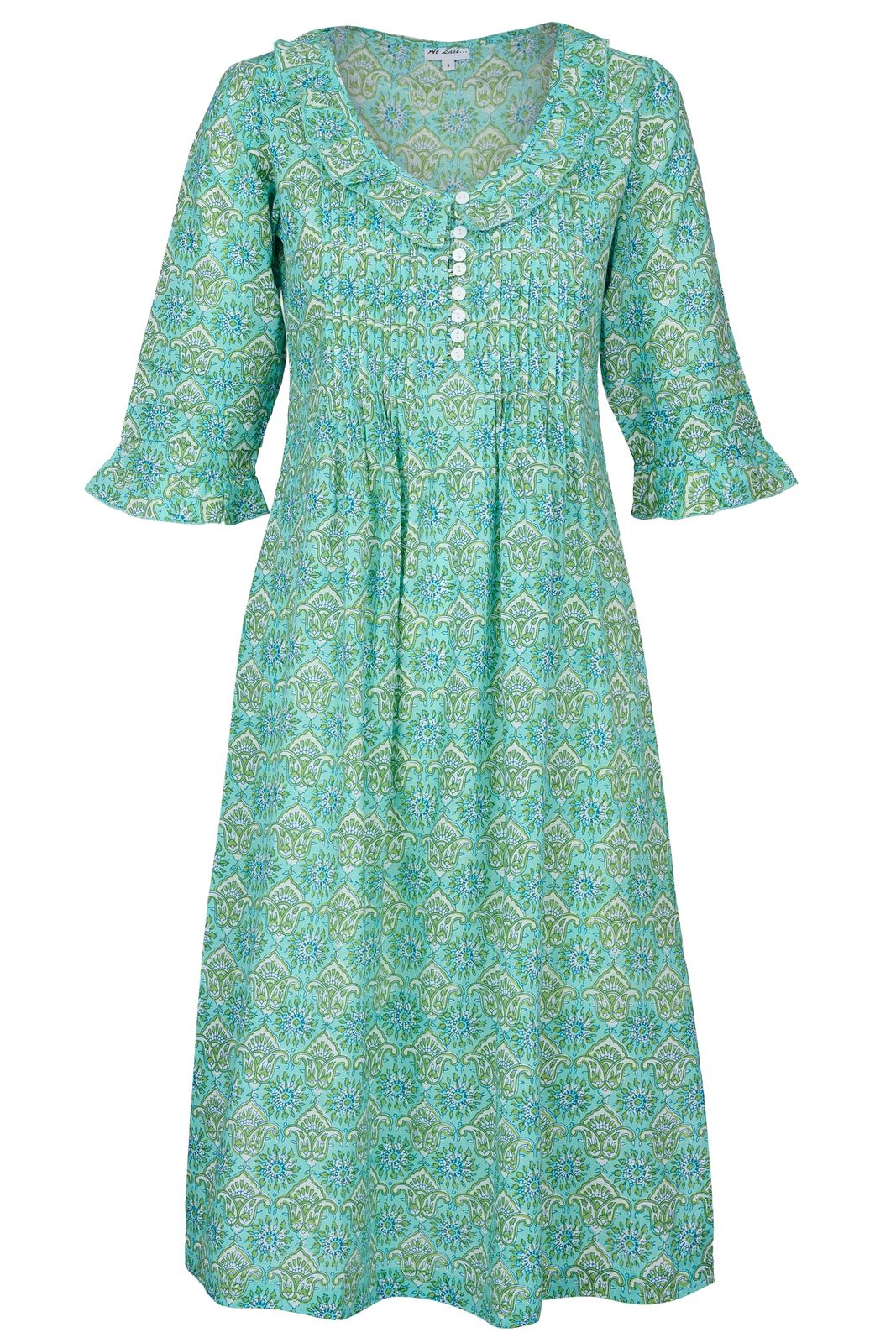 Cotton Karen 3/4 Sleeve Day Dress In Duck Egg Blue & Green