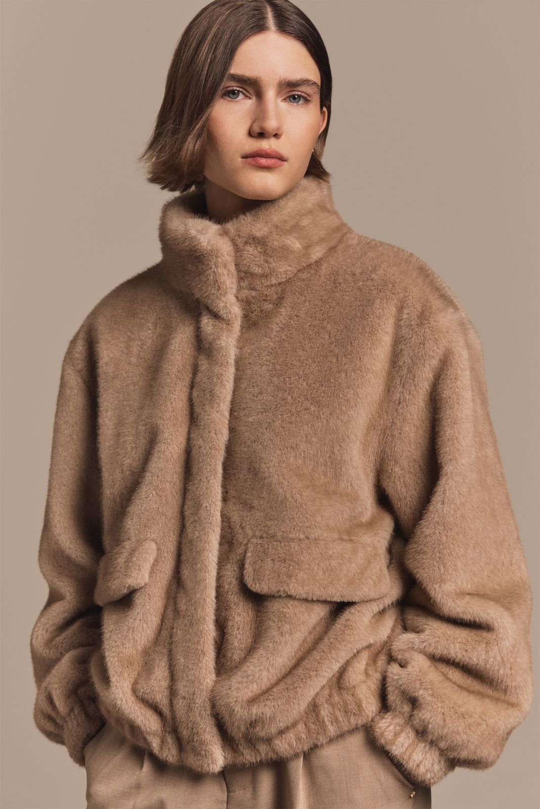 Faux Fur Bomber Jacket (Natural)