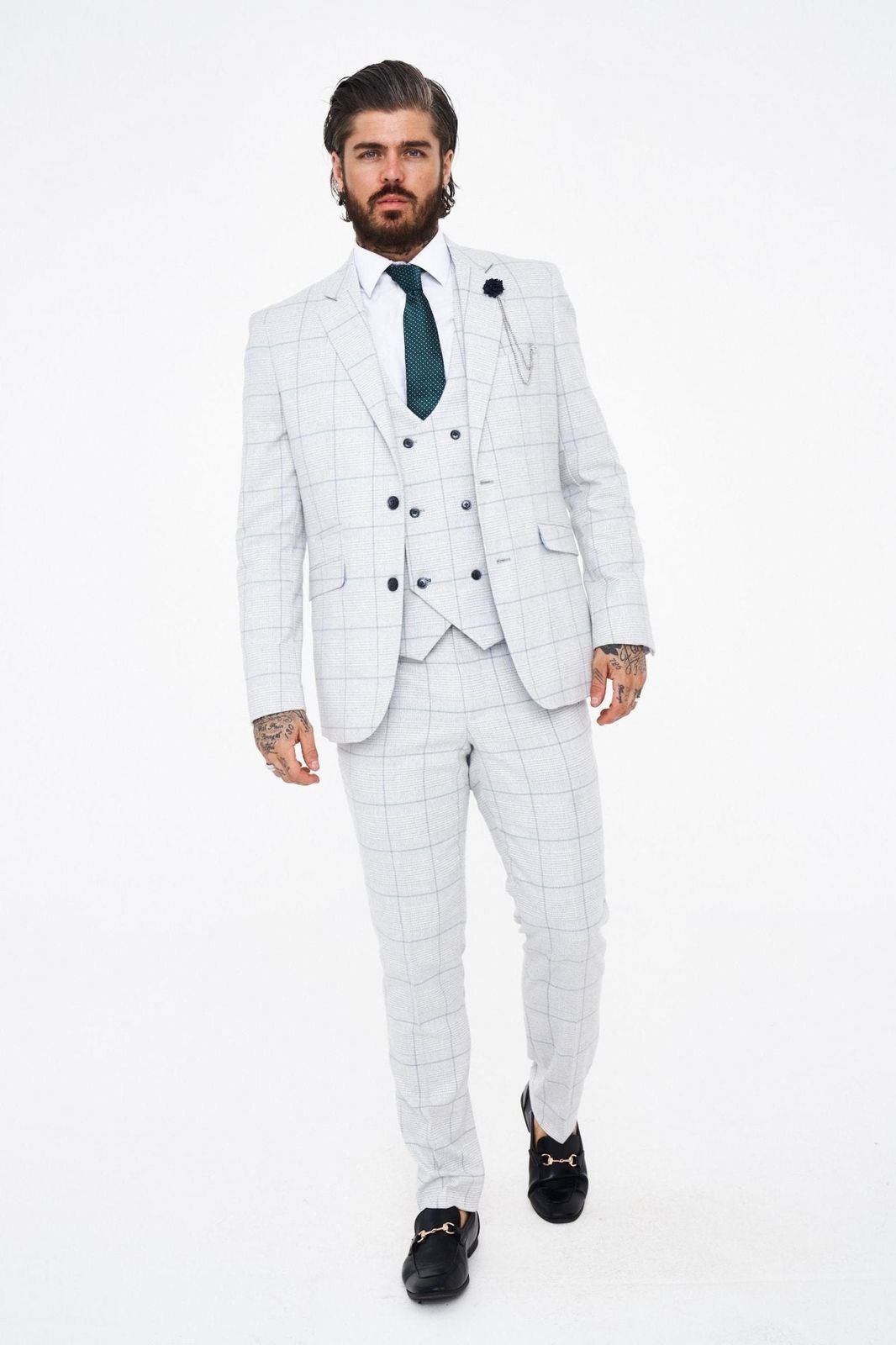 House of Cavani Radika Slim Fit Light Grey Check Suit