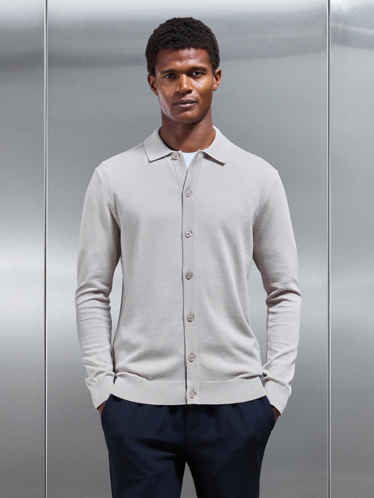 Cotton Knitted Button Through Shirt in Stone