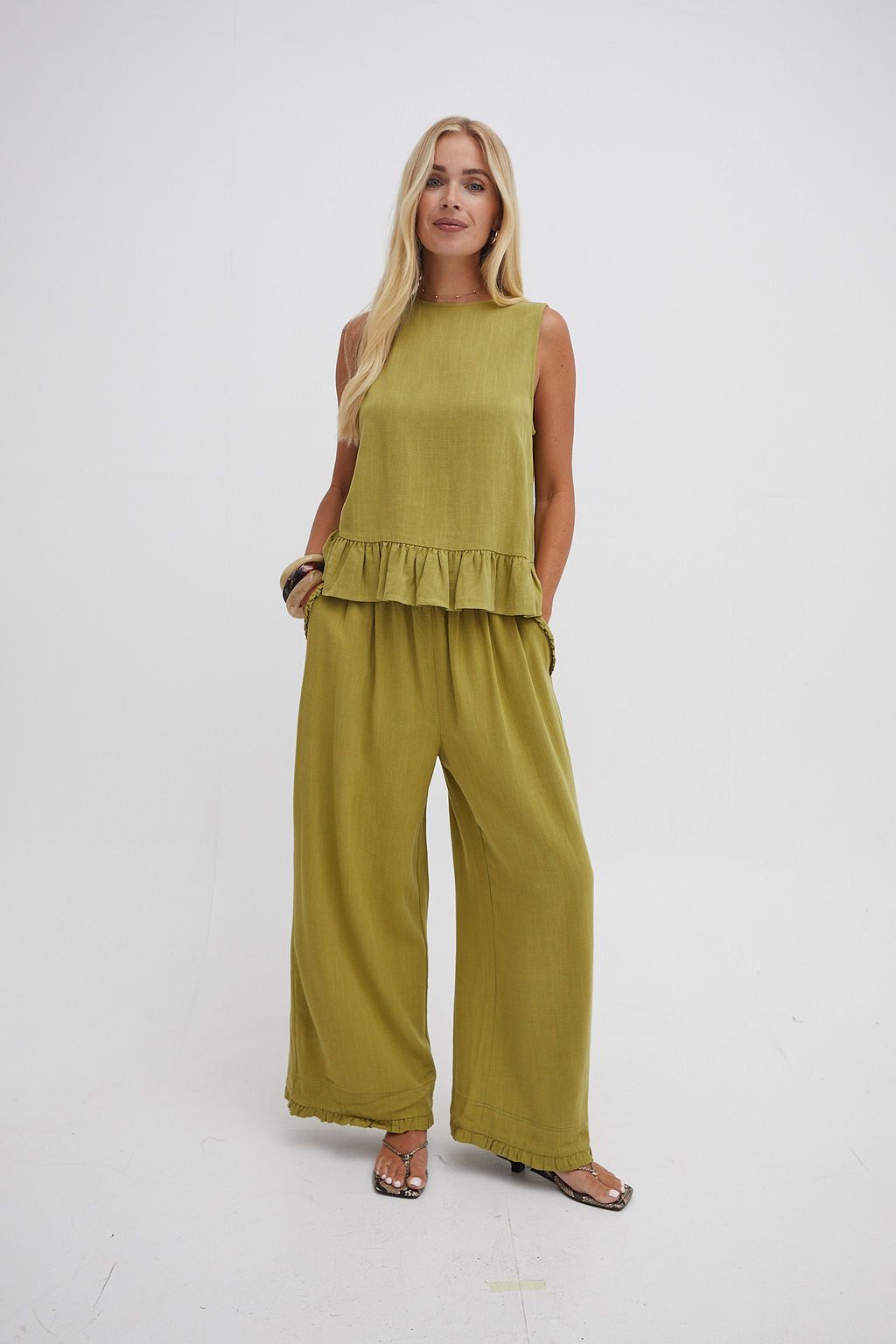 Isla Olive Green Ruffle Hem Culottes