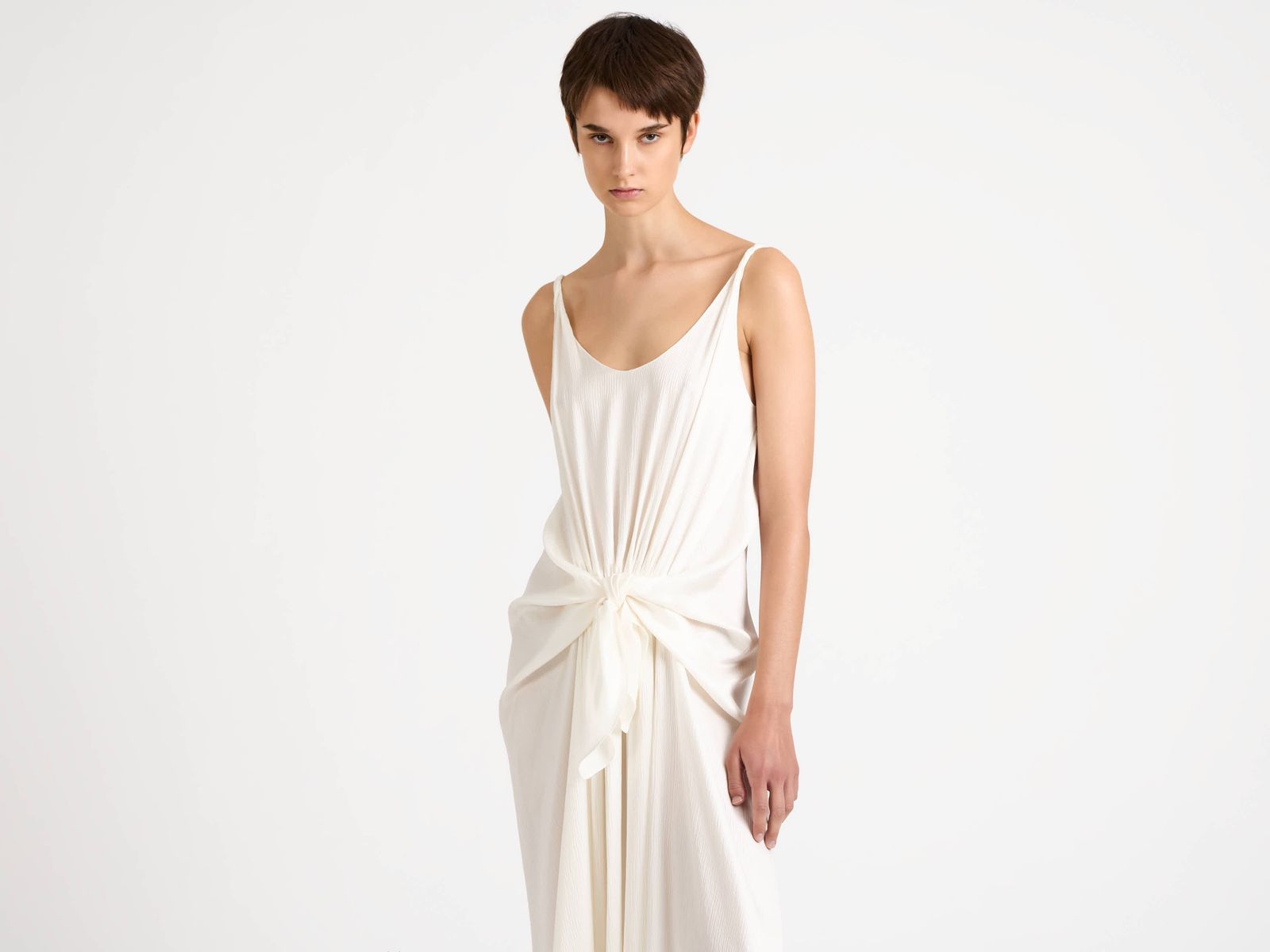 WOMENS KNOTTED WAIST LONGLINE DRESS IN OFF WHITE