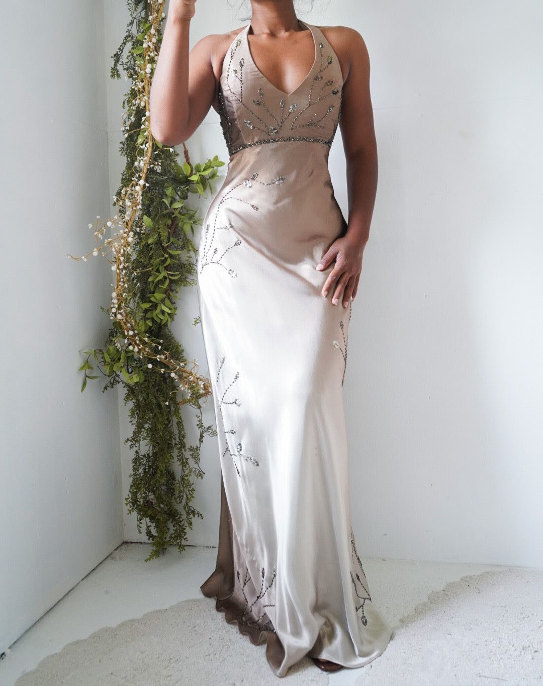 Rare Vintage Y2K Tan/Beige Halter Ombre Beaded Gown