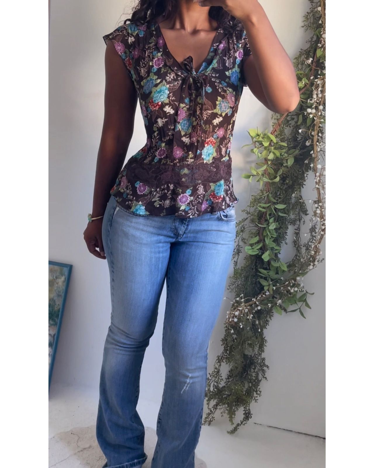 Y2K Brown Crinkle Floral Top