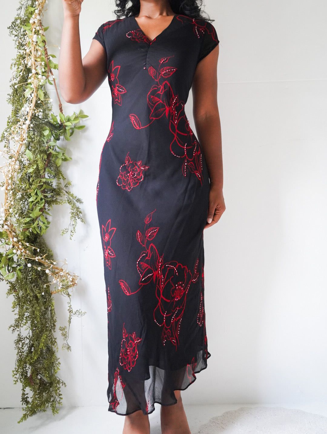 Vintage Y2K Black and Red Floral Maxi Dress