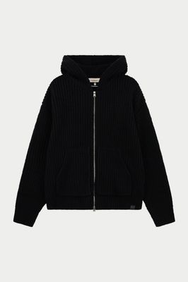 HEAVY RIB KNITTED ZIP THROUGH HOODIE - BLACK