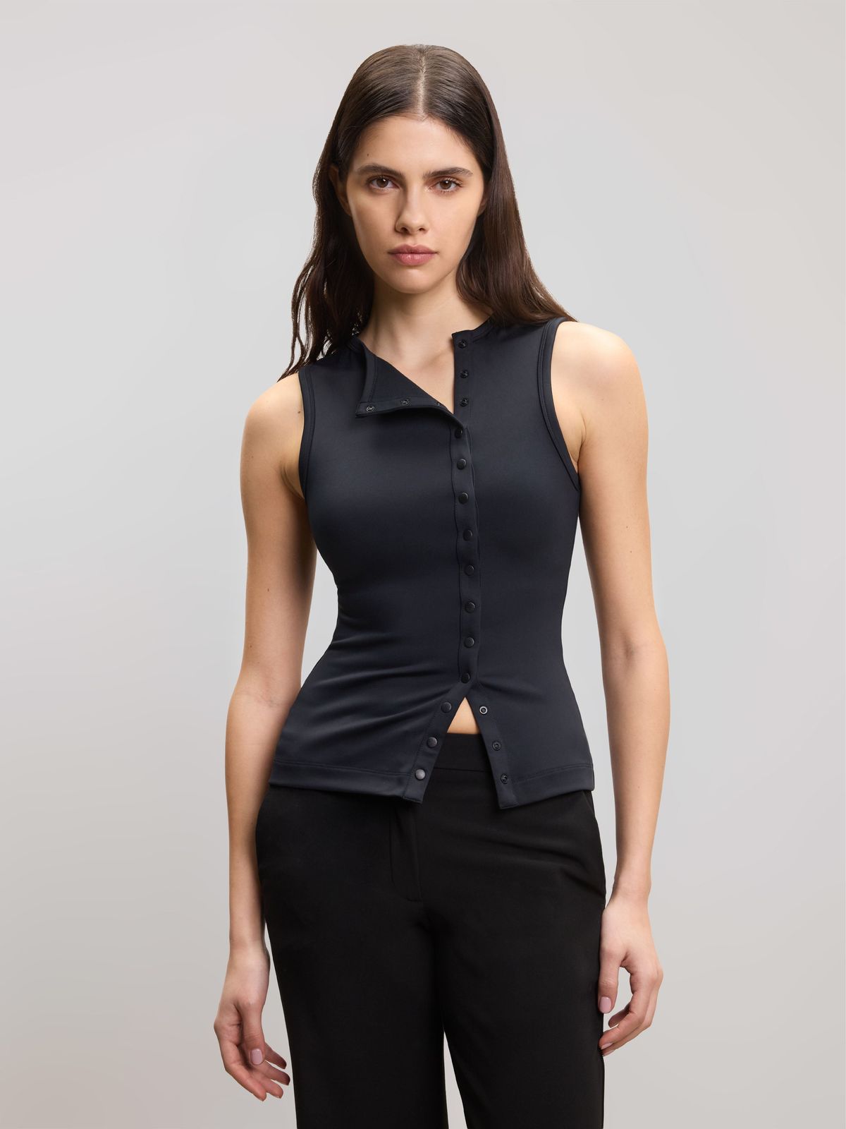 Womens Popper Vest Top in Black